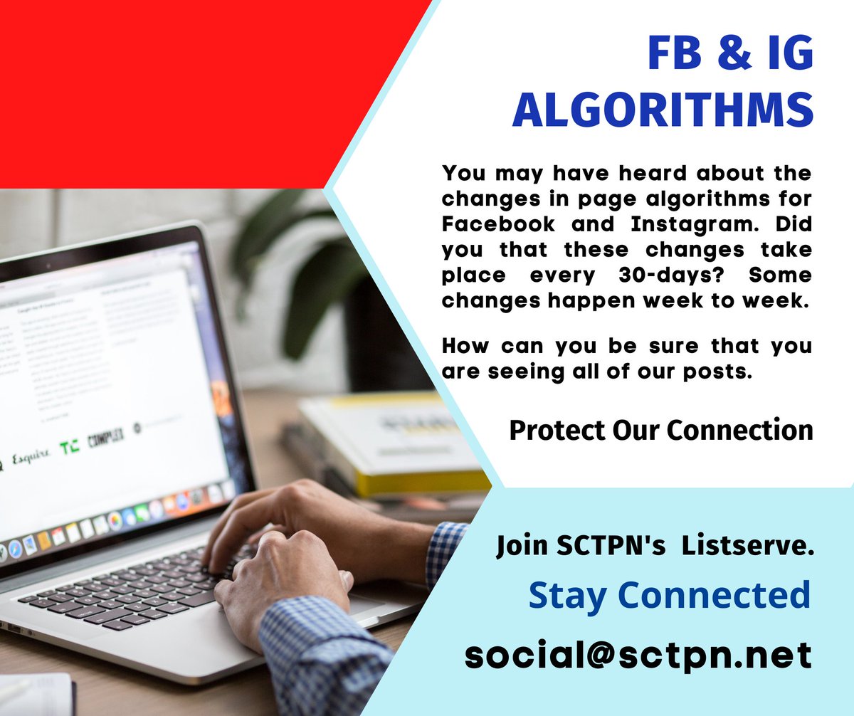 SCTPN's tweet image. Stay #connected join SCTPN's #listserve at scocial@sctpn.net. #beatthealgorithm