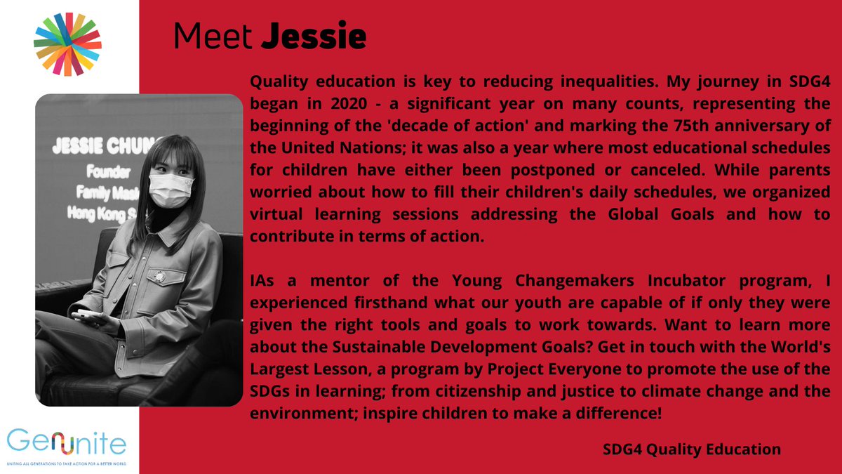 🌟 Changemaker Alert!
Today we hear from Jessie on Goal 4: 📚 Education. Jessie Chung is a WEF UpLink Innovator and the founder of Family Mask &amp; Billie Rose Underwear. She is a Unite 2030 Youth Delegate. #GenUnite