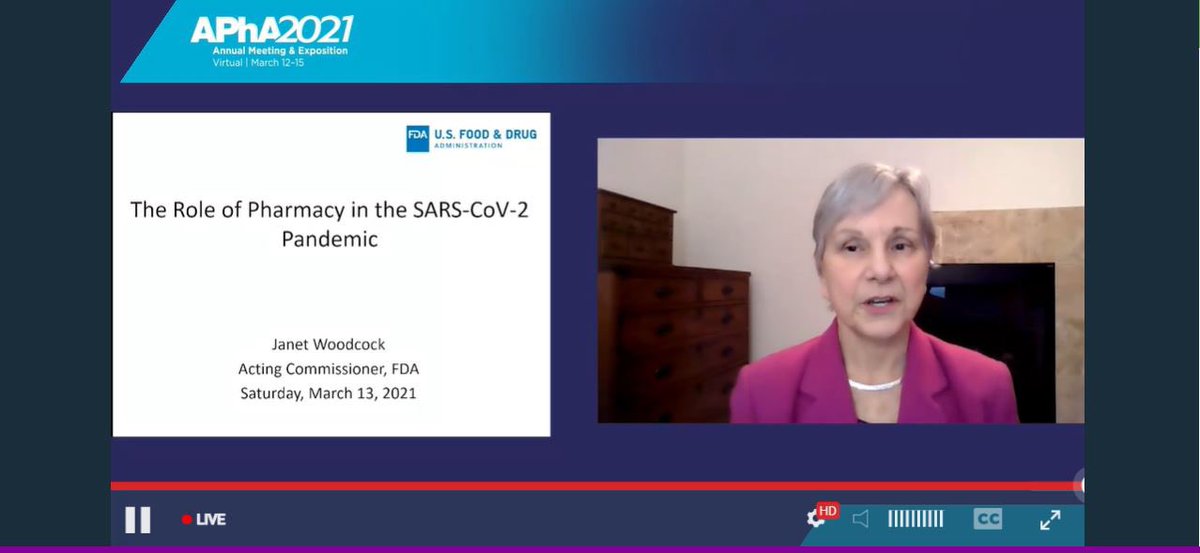 AnneRx's tweet image. Dr. Janet Woodstock, Acting Commissioner FDA gave excellent  presentation -“public will continue to rely on pharmacists as a trusted source of information in a time of mistrust” @NDMPharmacy #APhA2021Virtual