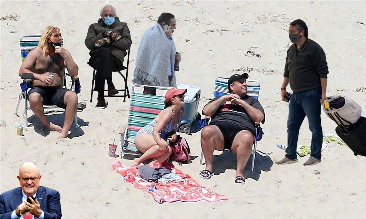 Meme Beach is getting crowded. <a href="/NYGovCuomo/">Archive: Governor Andrew Cuomo</a> must be chilly, <a href="/mtgreenee/">Marjorie Taylor Greene 🇺🇸</a> is working on her beach bod. <a href="/tedcruz/">Ted Cruz</a> is probly bringing  more <a href="/corona/">Corona</a> in his bag. You’d think <a href="/GovChristie/">Chris Christie</a> would have a better tan by now. Not sure what <a href="/BernieSanders/">Bernie Sanders</a> is doing there, at least he’s masked.