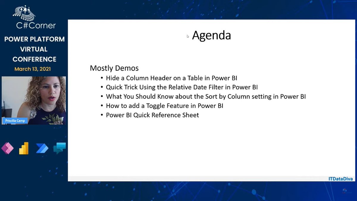 CSharpDotTV's tweet image. C# Corner Power Platform Virtual Conference - Day 5. @ITDataDiva is live now and talking about Power BI Pointers!

Live streaming&amp;gt;&amp;gt; c-sharpcorner.com/live/

@CsharpCorner #CsharpcornerLive #PowerPlatform #PowerApps #PowerBI #WOmenwhocode #womenintech