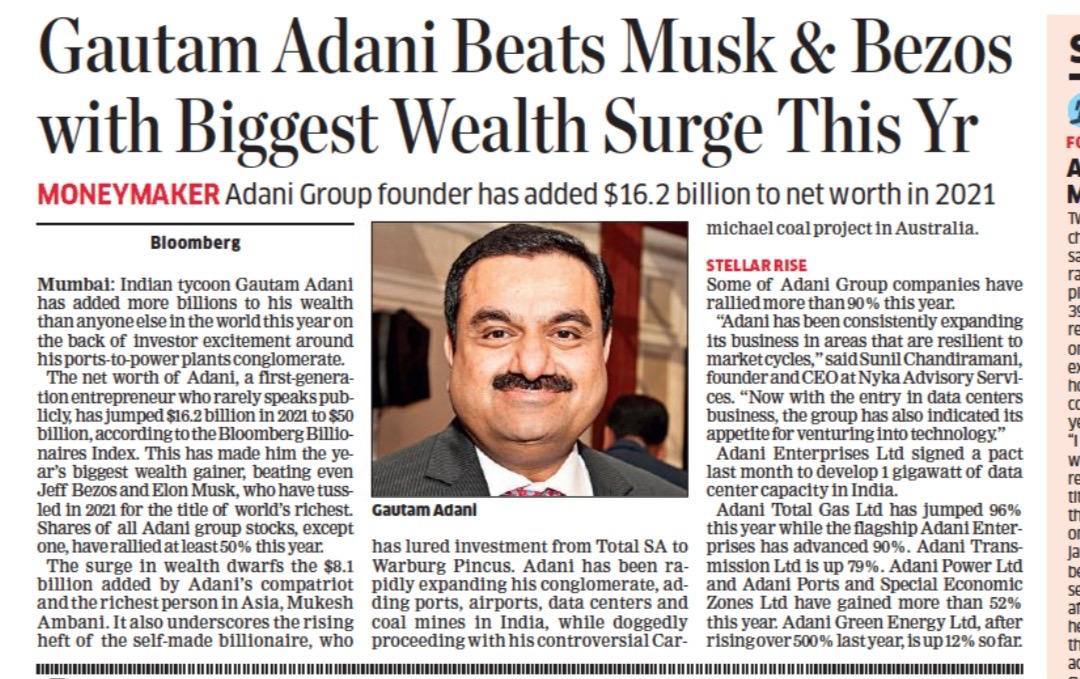 hegelbagelll's tweet photo. Adani's Net worth has grown the most in 2021 beating Elon Musk,Jeff Bezos with the rise of $16 billion 

His Total Net worth is now $50 Billion
(Approx 36.39 lakh crore)

#ModiNaukarAdaniKa https://t.co/LlYY6kvaMR