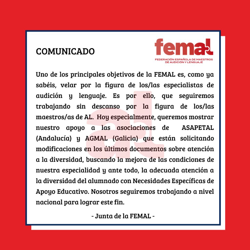 📌 Comunicado oficial de FEMAL en relación a lo acontecido en las comunidades de Andalucía (ASAPETAL) y Galicia (<a href="/agmal_info/">AGMAL</a>) respecto a los maestros/as de AL
-Con el apoyo de:AMALPA,<a href="/MaestrosalCyl/">AMALCYL</a>,<a href="/amalerlarioja/">AMALER La Rioja</a>,@AMALDA2018, <a href="/MaestrosalMad/">AMMAL</a>,AVAMAL,AMALCA, <a href="/AMALMUR2017/">AMALMUR</a> y <a href="/amal_clm/">AMAL CLM</a>