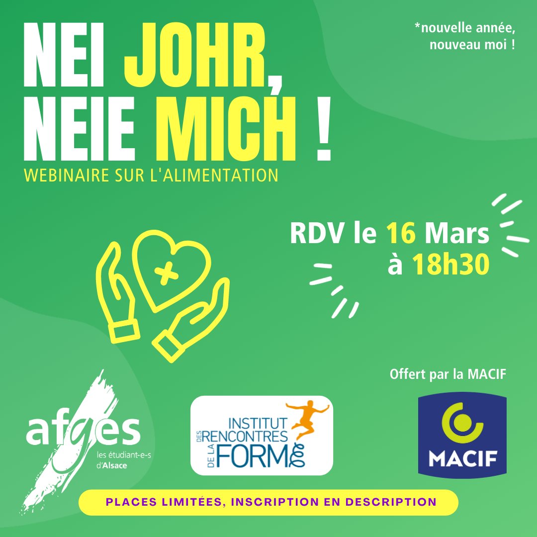 [NOUVELLE ANNÉE, NOUVEAU MOI]🎉

L'AFGES, la <a href="/MacifAssurances/">Macif</a> et l’<a href="/officiel_IRFO/">IRFO</a> te proposent un dernier rendez vous.

Apprends à #optimiser ton #potentiel grâce à ton alimentation ! 📈💤🍏

Sur LiveStorm le 16 mars à 18h30. 📆

❗️Les places limitées❗️ forms.gle/v7w97oamDw9T41…