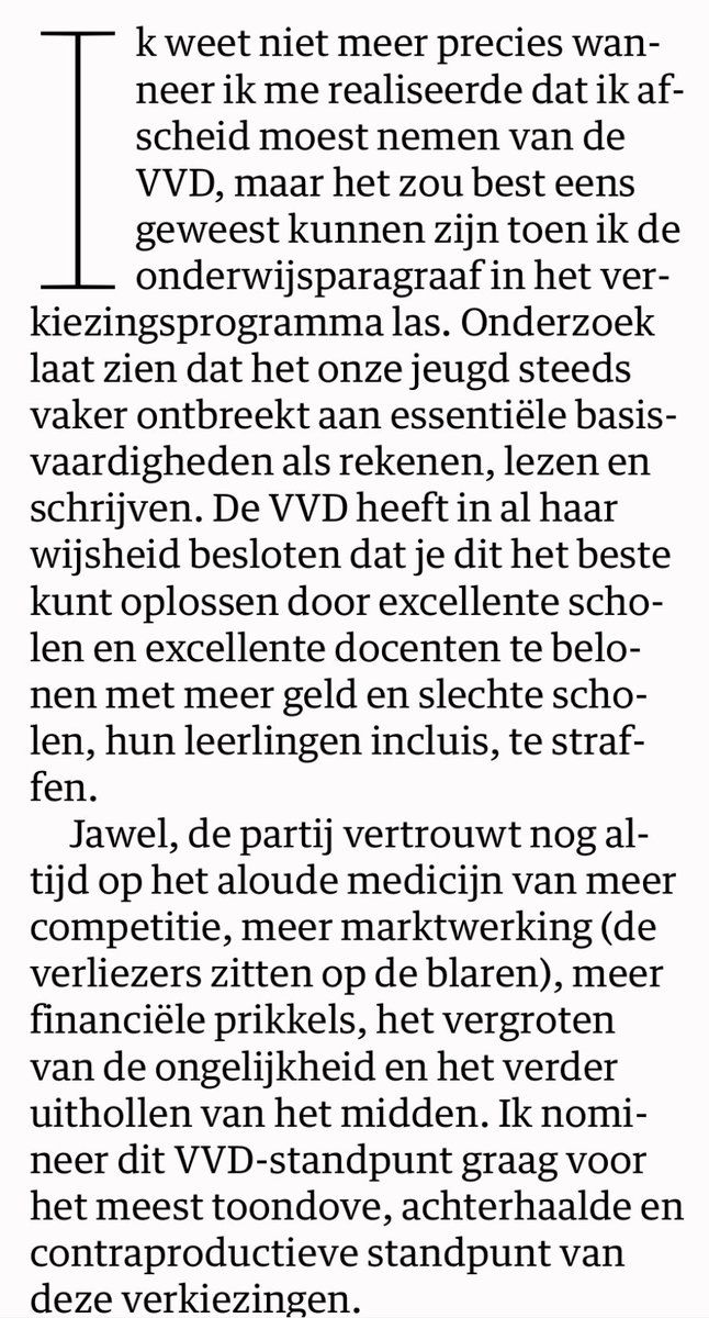 Af en toe schrijft ⁦@ryhertzberger⁩ iets wat mij ook kan bekoren. Vandaag in het ⁦<a href="/nrc/">NRC</a>⁩ het volgende: “Ik nomineer dit VVD-standpunt graag voor het meest toondove, achterhaalde en contraproductieve standpunt van deze verkiezingen.”