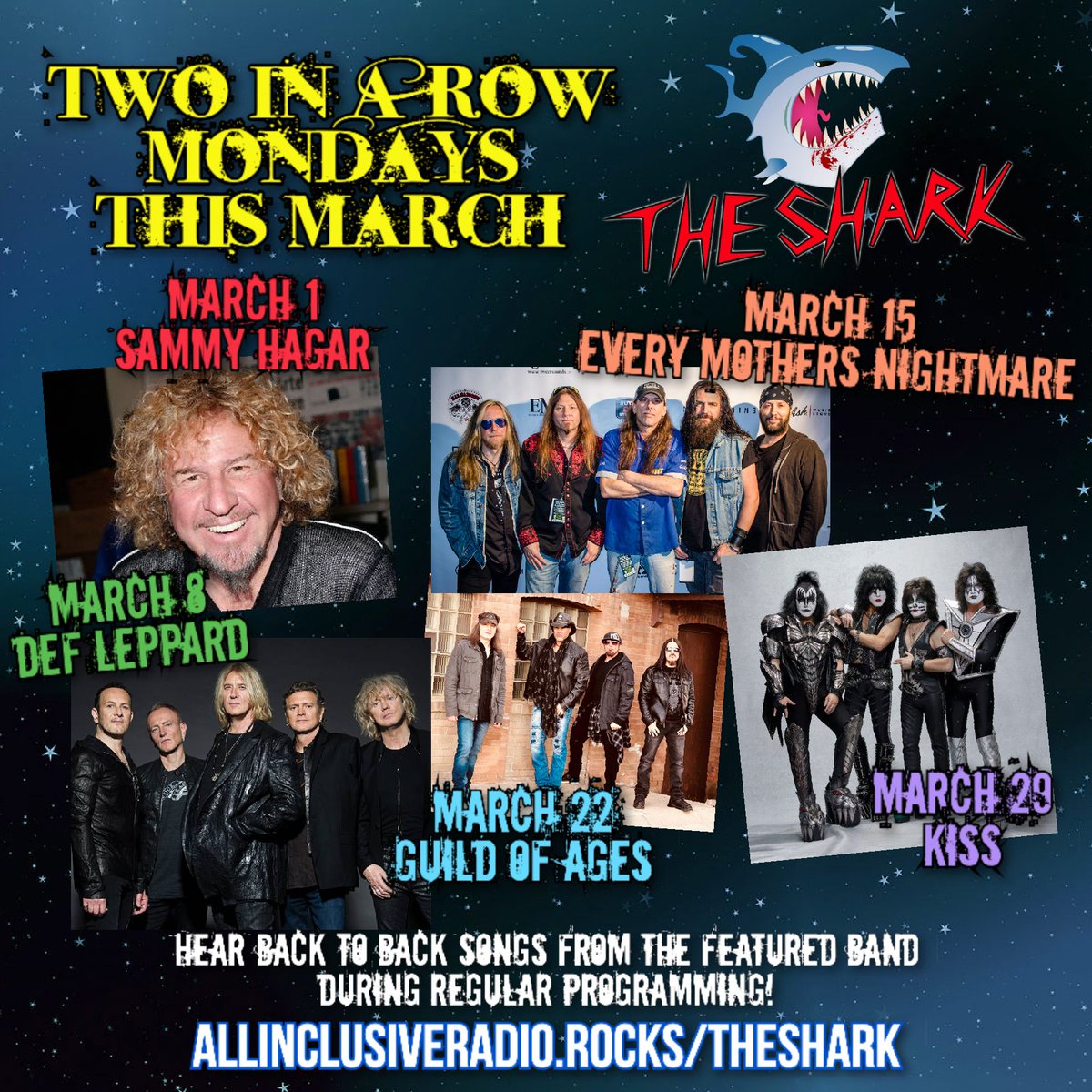 We feature back-to-back songs from #EveryMothersNightmare this Monday.  It's Two In A Row Monday on THE SHARK!
#HairMetal #MelodicRock #HardRock #ClassicRock #RockRadio #OnlineRadio