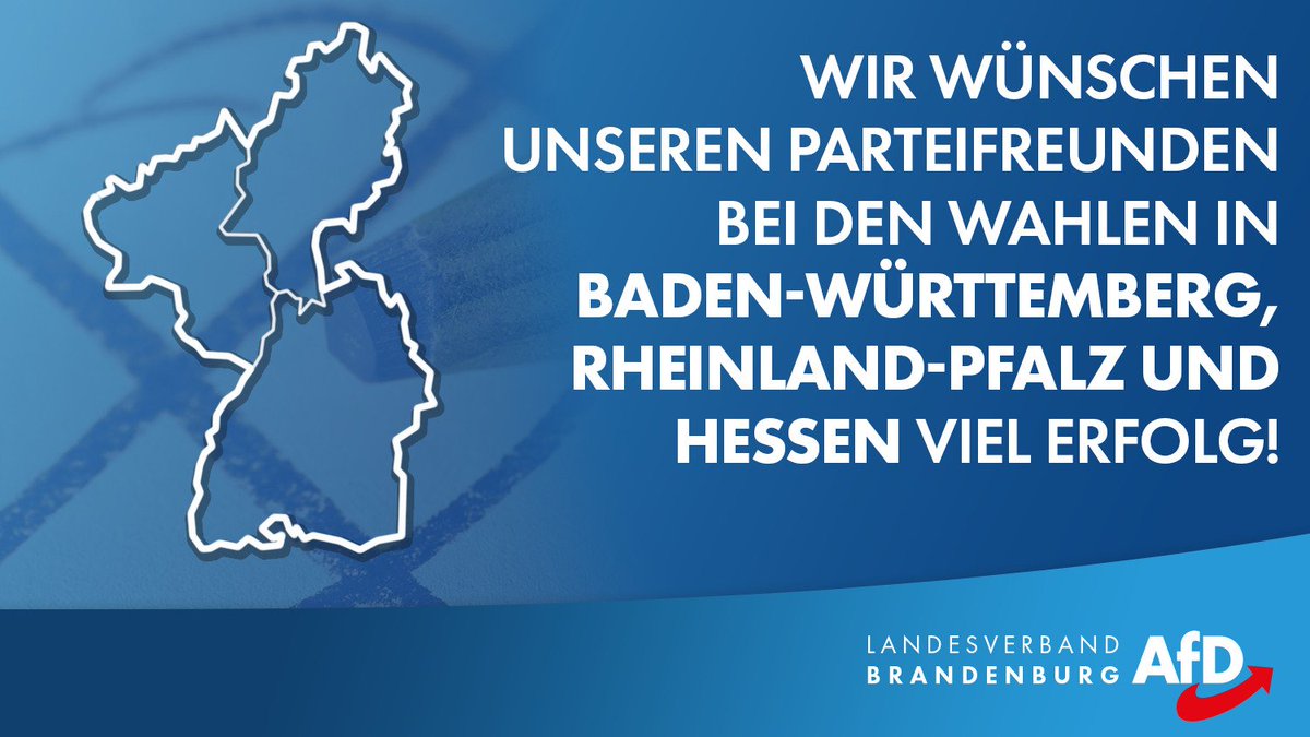 Am Sonntag ist Wahltag:
#Landtagswahlen in Baden-Württemberg und Rheinland-Pfalz, #Kommunalwahl in #Hessen #ltwbw #ltwrlp

Wir wünschen unseren Parteifreunden viel Erfolg 🍀

#AfD
#Volkspartei