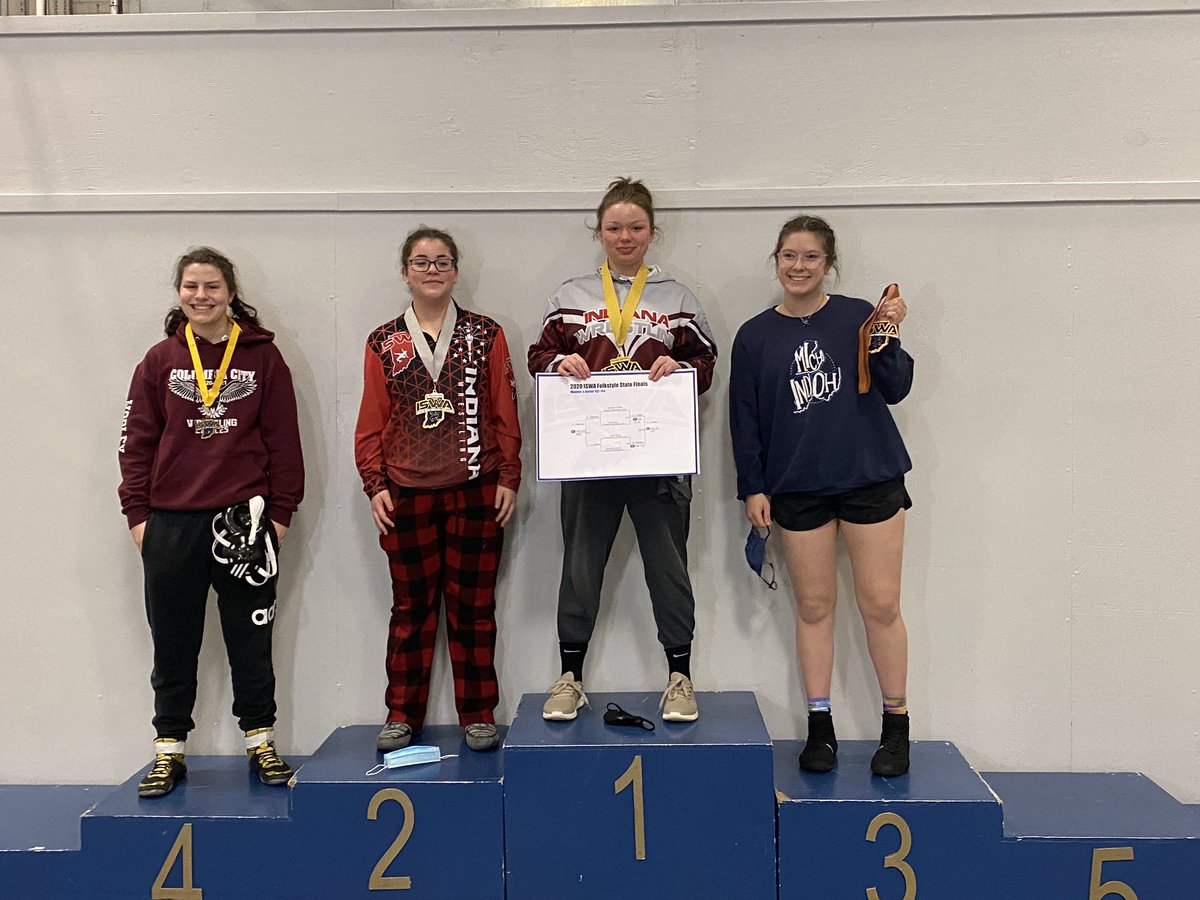 ApaxWrestling's tweet photo. We’ve got 17 Apache Wrestlers competing at the @iswausaw Folkstyle State Finals this weekend. Today we had a few that earned some hardware. Rockne Pries 4th,  Chevy Graves 2nd, Brayden Sickafus 7th, and Kiersten O’Neill 1st. https://t.co/d6UznStOd9