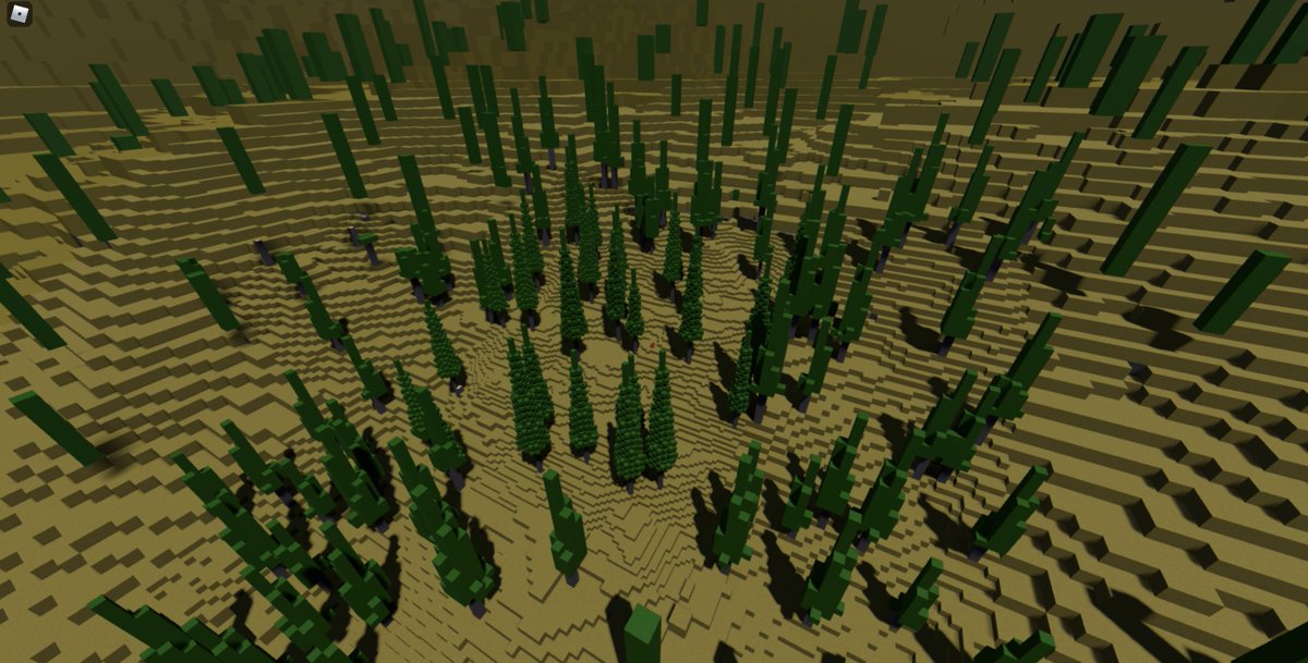 bouyerthe's tweet image. I made a system to randomly place "rasterize-able" objects, like trees. LoDs are easy - just rasterize at a lower resolution! Trees sample a cone SDF to decide whether to place leaves.
#voxelgamedev