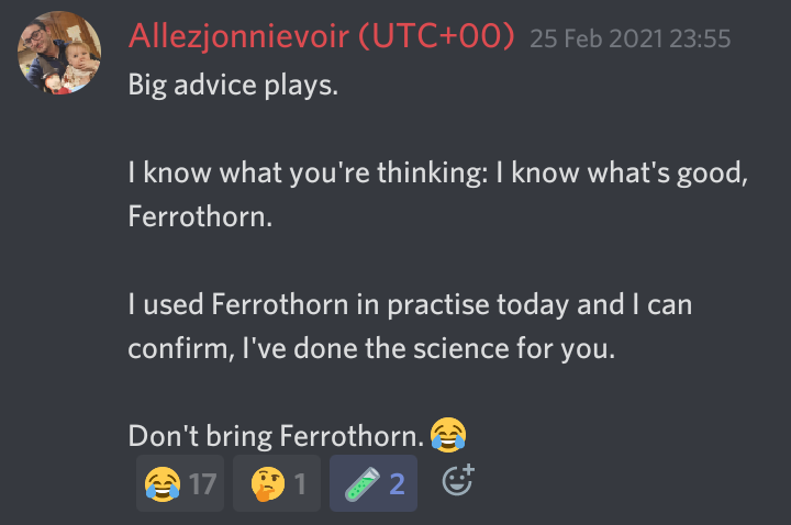 Reached no. 6 in the world and no. 1 in the UK without using Primeape, Froslass, or Galvantula in Vortex. Didn't even weight my best tournament either. 😅 Used Ferrothorn despite <a href="/Allezjonnievoir/">AllezJonnievoir</a>'s best advice.
