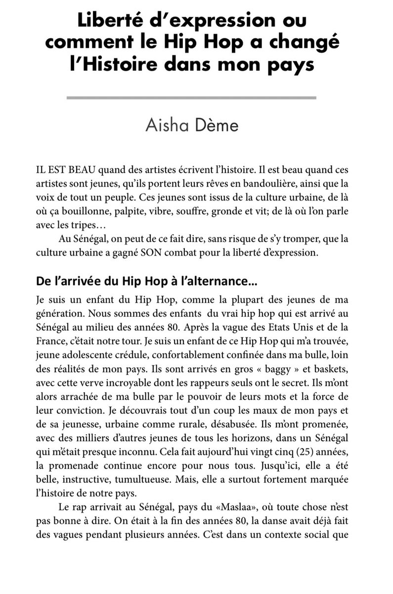 DemeAisha's tweet photo. En 2014 je contribuais au livre How free is free qui traitait de la liberté d'expression artistique en Afrique (avec Boris Diop @GaelFaye etc.). Le titre de mon papier était : Comment le Hip-hop a changé l'histoire de mon pays. Ben ça continue ! #FreeSenegal #CameditCulture) https://t.co/Dz7loeOSaB