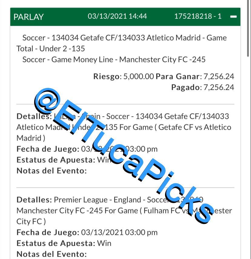 ElTucaPicks's tweet photo. ¡¡SEGUIMOS SUMANDO Y LA RACHA NO PARA!!🔥🔥🔥🔥🔥

Getafe vs Atlético Under 2.5 + Manchester City ML (-110)✅

Excelente análisis, los juegos quedaron 0-0 y 3-0.

Ganamos nuestra primera jugada del sábado y buscaremos de nuevo día perfecto en la #LigaBBVAMX 

Dale ❤️ y comparto. https://t.co/B4OUcybXHb