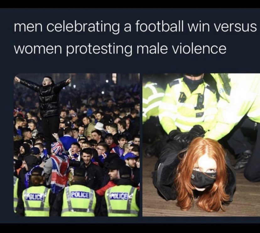 Men celebrating a football win vs women peacefully holding a vigil for a woman who has been murdered, where a police officer is the prime suspect.