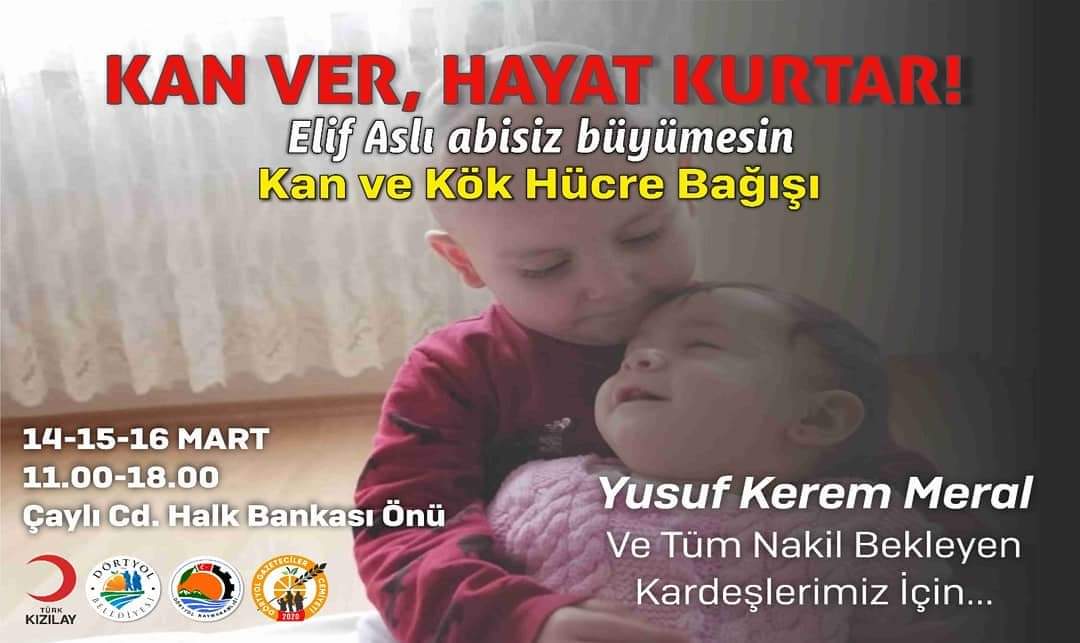 Hatay Dörtyol ilçesinde 5 yaşında yaşayan bir yavrumuz için kök hücre nakli için 14-15-16 Mart Tarihleri nde HATAY/Dörtyol ilçesinde
Kan bağışı kampanyası için yayında bir duyuru yapmamız mümkünmü? 
<a href="/onuryildiztv/">Onur Yıldız</a> 
<a href="/beyazfutbol/">Beyaz Futbol</a> 
<a href="/ahmetcakar1/">Ahmet Çakar</a> 
<a href="/AbdulkerimDrmz_/">Abdülkerim Durmaz</a> 
<a href="/RasimOzan_K/">Rasim Ozan Kütahyalı</a>