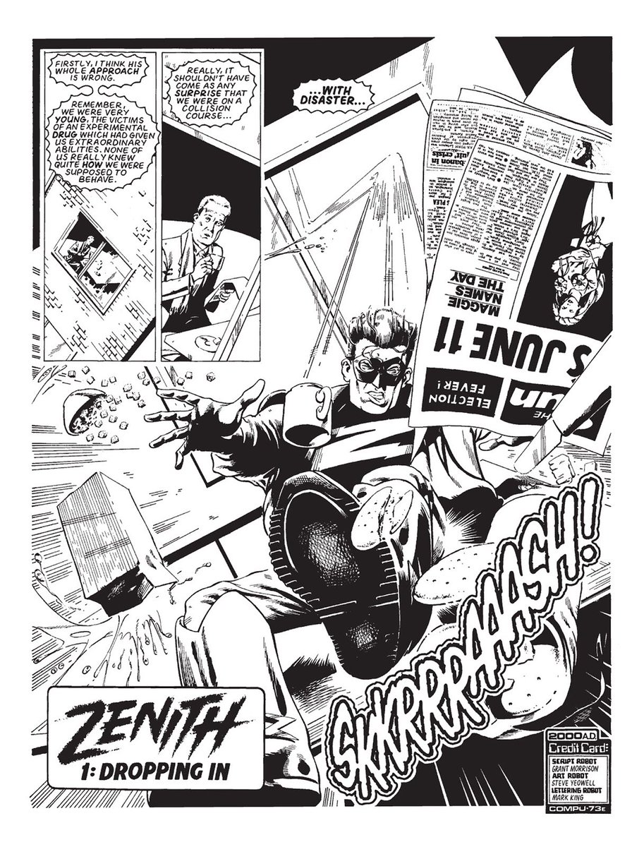 That introductory page for Zenith is beautiful. Pure physical comedy! To go from that to the genuinely creepy entrance of the Dark God, and their embodiment as Masterman (who is creepy in his own right here) is just a perfect juxtaposition.