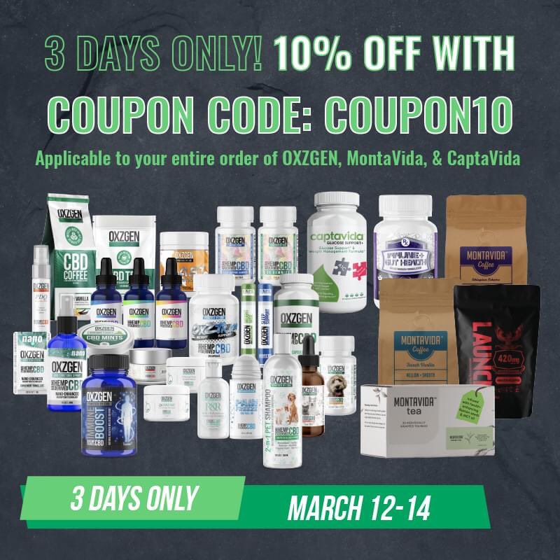 AWellBeingLife's tweet photo. 10% OFF OXZGEN, MontaVida, &amp; CaptaVida products using Promo Code COUPON10 at checkout!  We appreciate your loyalty so we’re showing our gratitude. https://t.co/mgMmQ0Xwpk
.
#cbd #pain #immunesupport #beauty #guthealth #skincare #coffee #tea #bodybutter #weightloss #gym #health https://t.co/huOyZado8E