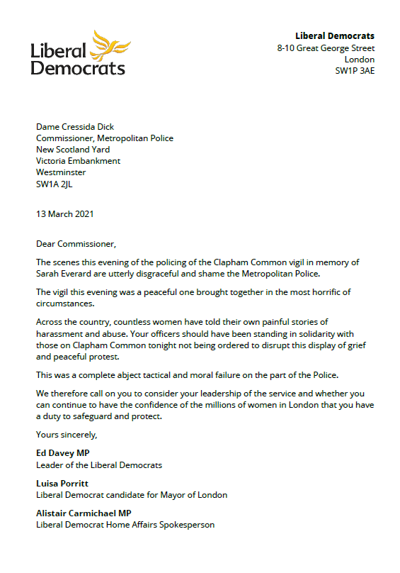 Cressida Dick has lost the confidence of the millions of women in London and should resign.

The scenes this evening of the policing of the Clapham Common vigil in memory of Sarah Everard are utterly disgraceful and shame the Metropolitan Police.