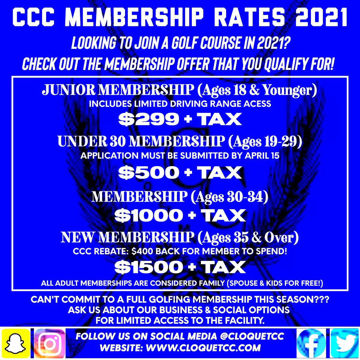 CloquetCC's tweet photo. 2021 CCC Membership Rate Summary
Lots of different options - see which one fits you.
No better time to join one of the best private Club's in the area. #MemberBenefits #JoinCCC https://t.co/76DzFauYjZ