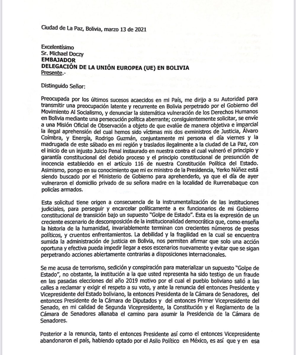 JeanineAnez's tweet photo. Jeanine Añez pide a la @OEA_oficial y a la @UEenBolivia que envíen observadores, frente al plan del gobierno del MAS para instalar una dictadura en Bolivia. https://t.co/EWwO1qkXwM
