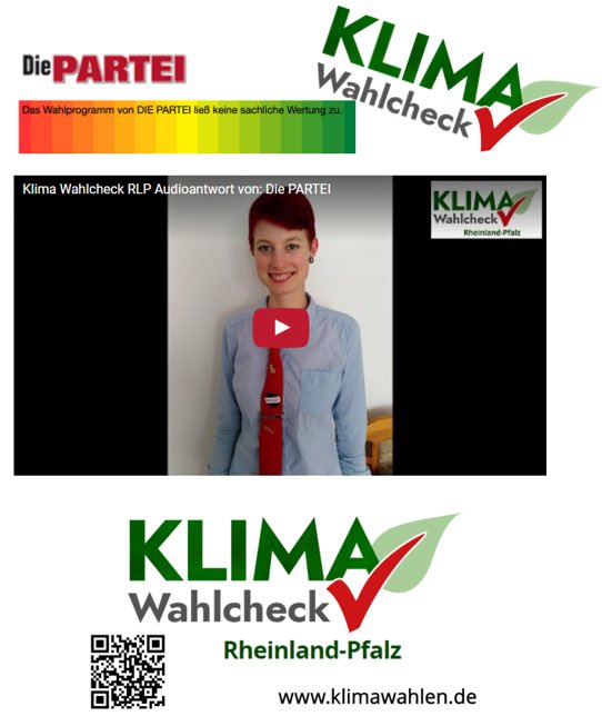KlimaRlp's tweet photo. Jeden Tag eine Partei! Heute: DIE PARTEI: Das Wahlprogramm von DIE PARTEI ließ leider keine sachliche Bewertung zu. Die Audio-Antworten der Spitzenkandidaten/innen gibt es hier: https://t.co/A5tb590Qg5
Das Wahlprogramm hier: https://t.co/E9oUZC3u0q
#ltwrlp21 #klimawahl https://t.co/a42exDcZKt