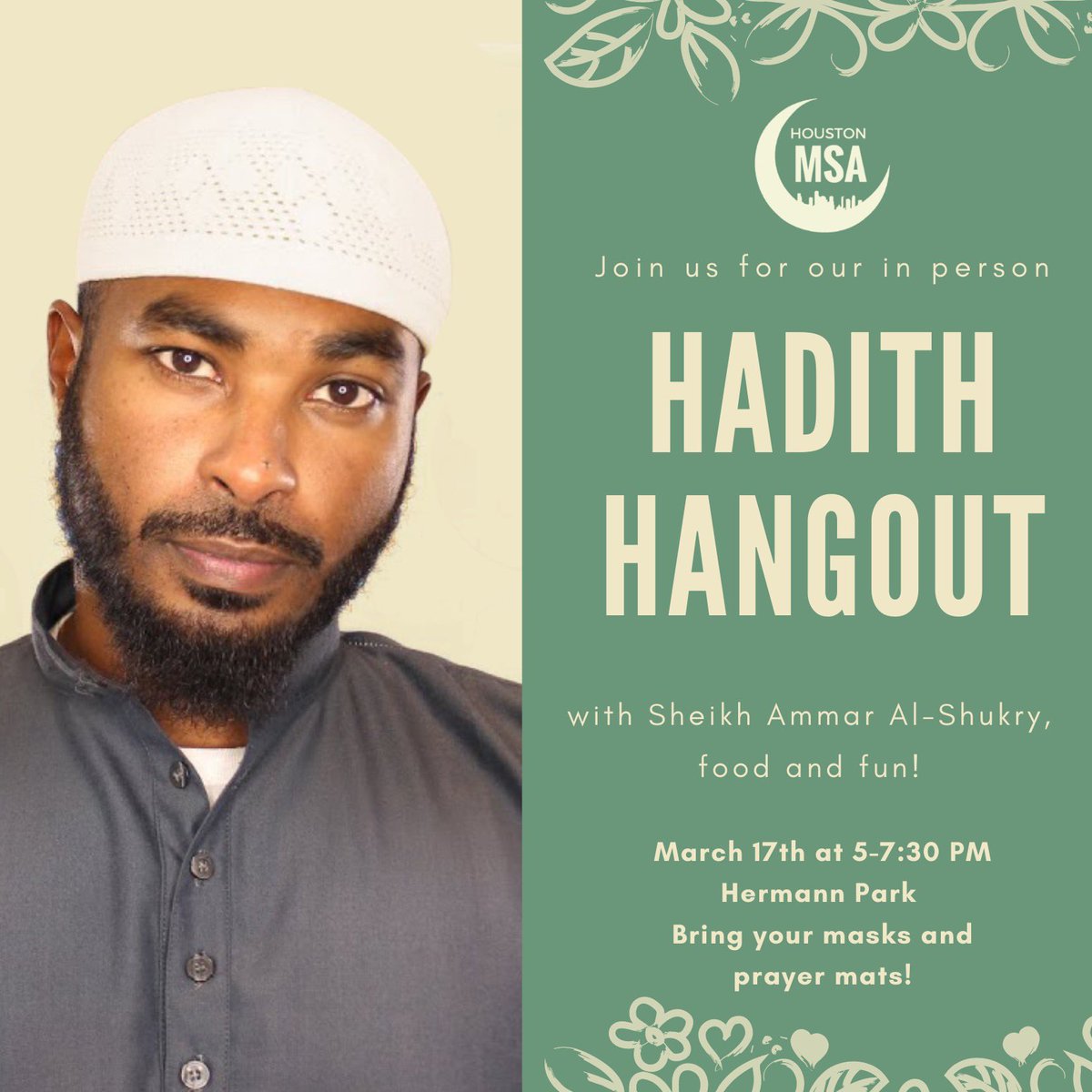 Join us this Wednesday for our first in person event, you don’t want to miss it!

Date: Wednesday 17th 
Time: 5-7:30PM 
Location: Hermann park 

** Please bring your masks and prayer mats and if you can’t make it be sure to tune in to through zoom.