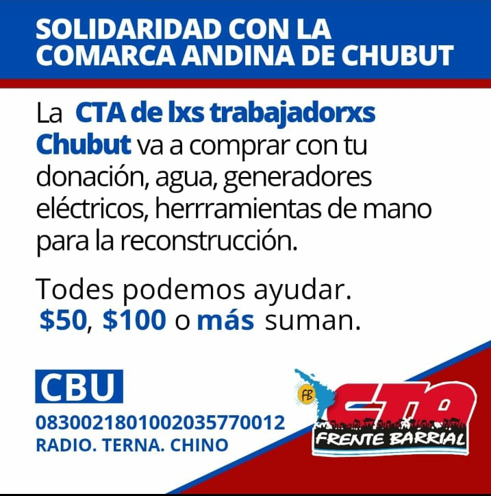 CTA_Chubut's tweet photo. Desde CTA con el #FrenteBarrial en todo el país se largó la campaña solidaria para compras d elementos específicos q se necesitarán en los próximos días 
Desde ya enormemente agradecidxs por este abrazo q llega desde cada rincón del país,la solidaridad d lxs Trabajadorxs #Chubut https://t.co/9sfUno7Lbr