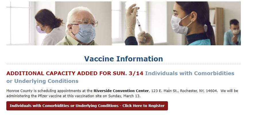 MonroeCountyOEM's tweet image. Coronavirus vaccination appointments are currently open and available at the Rochester Riverside Convention Center for individuals with comorbidities. See details below. Link to make an appointment: monroecounty.gov/healthcalls/va…