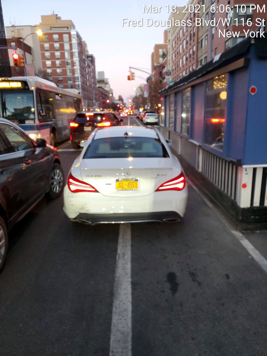 Mercedes-benz CLA-Class driver JGL4553 blocked the bike lane near 2167 Frederick Douglass Blvd on March 13. This is in Manhattan Community Board 10 #mancb10 & #NYPD28. #VisionZero #BlockedBikeNYC https://t.co/cC9qw5Oc8F