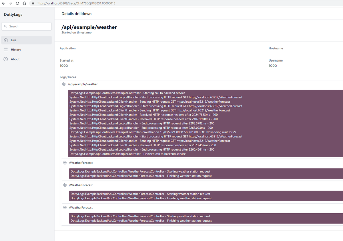 evolvedlight's tweet photo. Also includes basic (WIP) viewing of logs from multiple microservices involved in a single trace. Imagine tracing, but if you could see logs embedded too, and all super realtime with #signalr and #grpc streaming https://t.co/Ot3LQ6Lrow