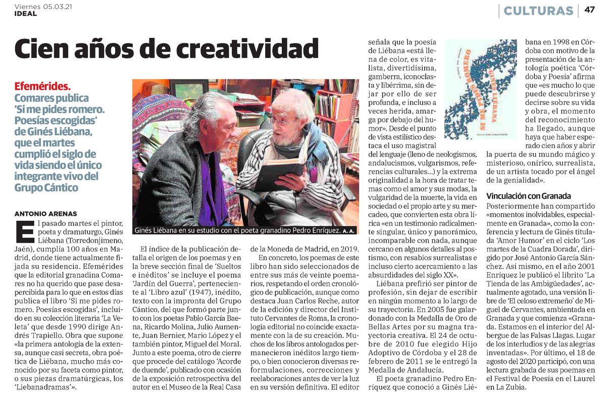cuentozubia's tweet photo. Cien años de arte. Un privilegio poder compartir vida con Ginés Liébana, genio, amor humor unidos. Gracias a Antonio Arenas y al diario IDEAL de Granada por la publicación. https://t.co/RQ1UJ6qRpd