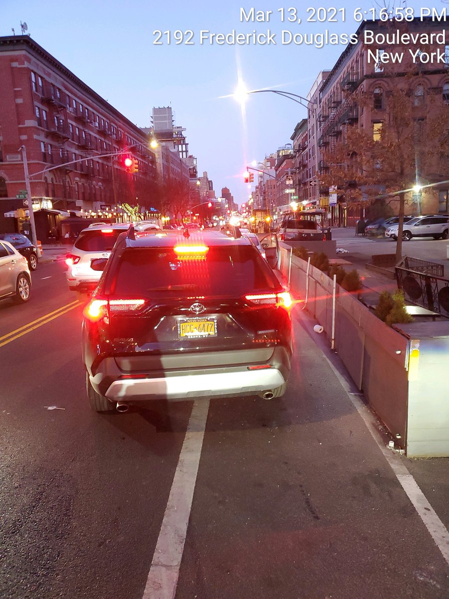 Toyota RAV4 driver HCC6472 blocked the bike lane near 2202 Frederick Douglass Blvd on March 13. This is in Manhattan Community Board 10 #mancb10 & #NYPD28. #VisionZero #BlockedBikeNYC https://t.co/jLJdSngeO7