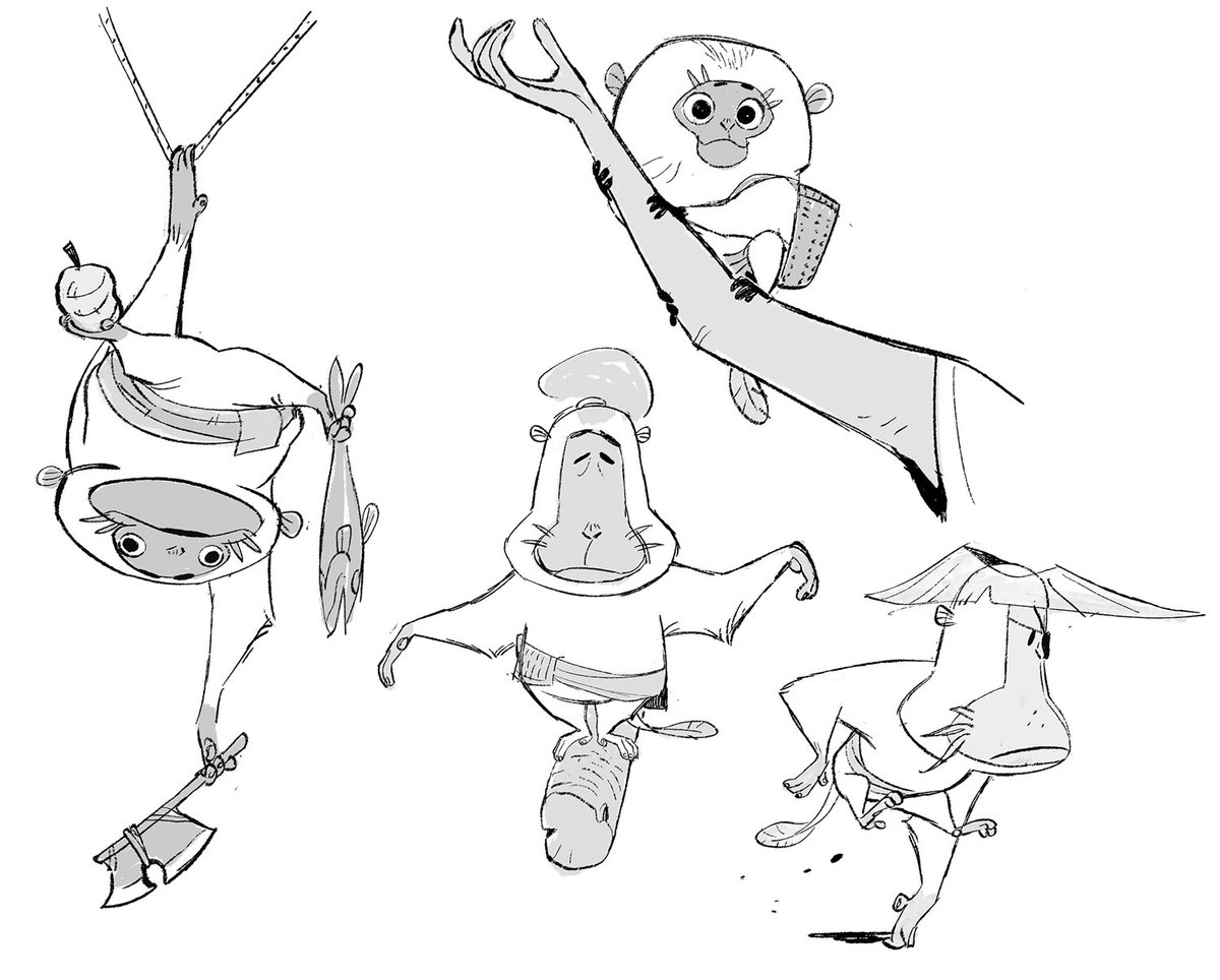 DisneyAnimation's tweet photo. You won’t meet a cuter and mischievous quartet. Little Noi and Ongi visual development by Ami Thompson, Art Director, Characters #RayaWatchParty https://t.co/dFnbgpNaVo