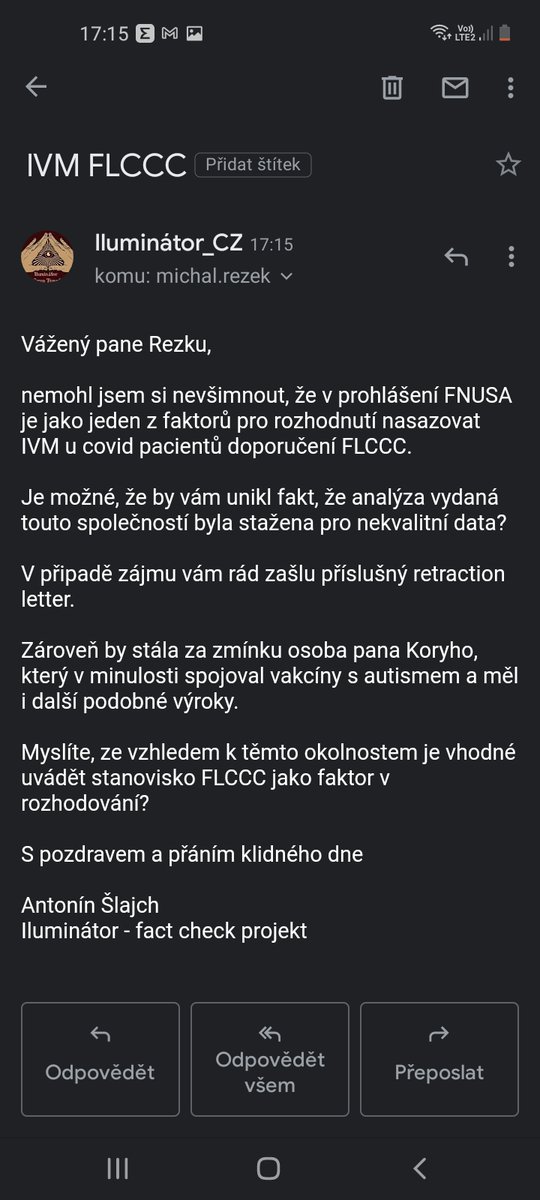 Iluminator_cz's tweet photo. Když jsem si přečetl prohlášení @FNUSA k IVM a zjistil, že vycházejí z FLCCC byl jsem zděšen. 

Přikládám mail zaslaný panu Rezkovi a budu doufat v brzké vyjádření. 

Nechápu, jak kdokoliv může vycházet při rozhodování z práce pana Koryho, známého anti-vaxera. https://t.co/awtawdWQ8F