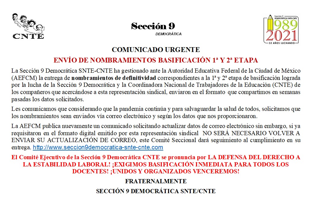 Compañeros, informamos sobre un error en el comunicado anterior. La dirección correcta de nuestra página de internet se menciona a continuación:
seccion9democratica-snte-cnte.com