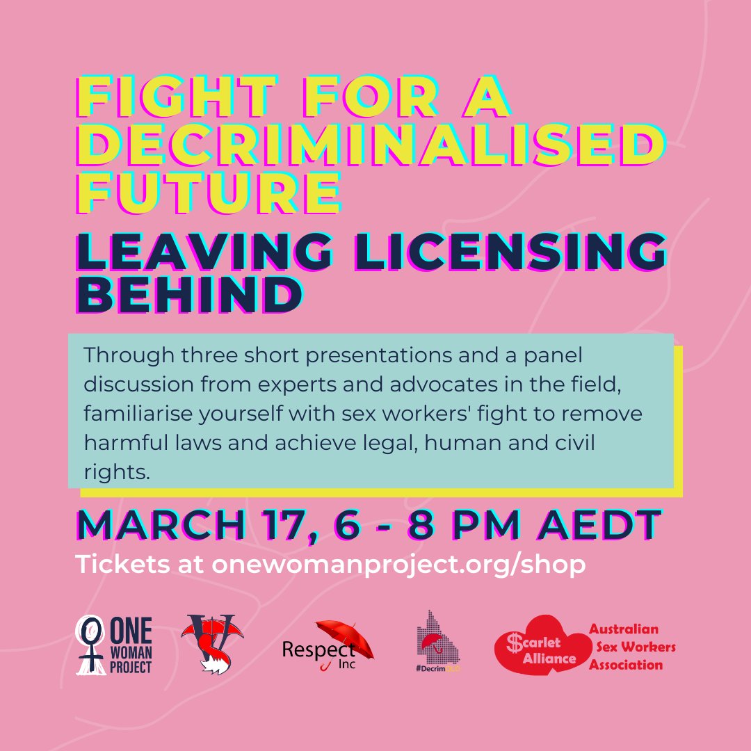 Scarlet Alliance (@scarletalliance) on Twitter photo Grab your ticket today for this <a href="/OneWomanProject/">One Woman Project</a>, <a href="/scarletalliance/">Scarlet Alliance</a>, @VixenCollective, @RespectQLD and <a href="/DecrimQLD/">Decrim Qld</a> collaboration. Sex workers explain why we are *beyond* ready to kick licensing of our work to the kerb. Free tix available if you need them!
onewomanproject.org/shop/iwd-fight… Grab your ticket today for this <a href="/OneWomanProject/">One Woman Project</a>, <a href="/scarletalliance/">Scarlet Alliance</a>, @VixenCollective, @RespectQLD and <a href="/DecrimQLD/">Decrim Qld</a> collaboration. Sex workers explain why we are *beyond* ready to kick licensing of our work to the kerb. Free tix available if you need them!
onewomanproject.org/shop/iwd-fight…