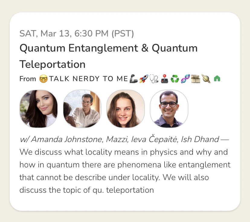 Quantum Entanglement &amp; Quantum Teleportation with @MazzMaserati, @HyperboIeva, @ish_dhand and @TranshumanInc live in one hour.

Join us! joinclubhouse.com/event/mJ5GjqEN