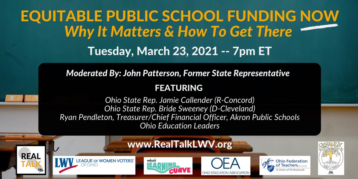 Tues March 23 - 7pm
Learn how FAIR SCHOOL FUNDING PLAN will provide an equitable, comprehensive, transparent funding model that will change the face of public education across Ohio
Learn how YOU can help
RSVP
Bit.ly/RT_PublicSchoo…
Info
realtalklwv.org/education.html
#Equity #Fairness