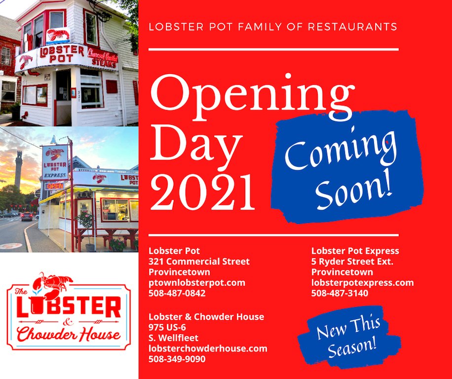 The Lobster Pot Family will keep you posted!
.
#lobsterchowderhouse
#lobsterpotexpress
#ptownlobsterpot
#provincetown
#provincetownma
#myptown
#wellfleet
#eastham
#capecod
#capecodseafood
#capecodeats
#capecodfoodies
#capecodeateries
#capeology