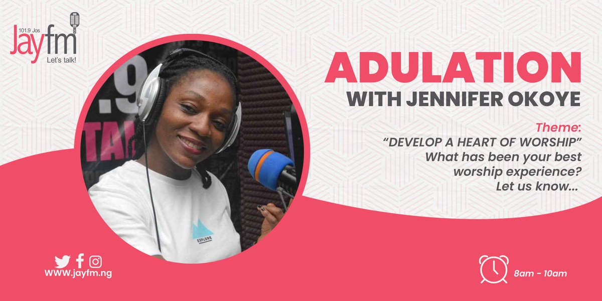 jayfmjos's tweet image. #NowOnAir:
#Adulation w/@JennyIfyOkoye!
No matter what we go through, God is always worthy of our worship!!.
Our  theme today is  around  “Developing A Heart of Worship”

What has been your best worship experience? 
#LetsTalk 

📨: adulationjayfm@gmail.com
🧵
