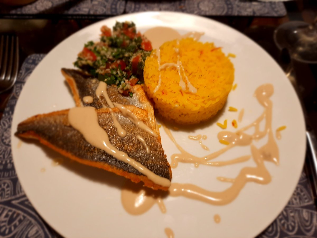 Saturday night Fish night with <a href="/abarnes156/">Andrew Barnes</a> Sea-Bass with saffron rice, tabbouleh salad &amp; a tahini cream sauce. Thank you <a href="/eliasfish1/">Elias Fish</a> #delicious