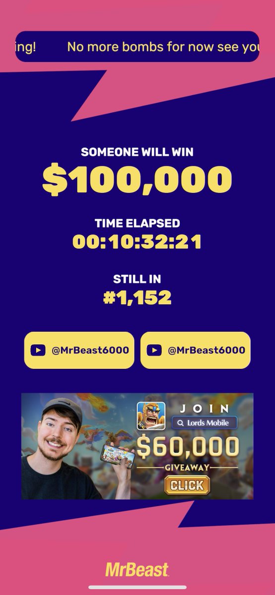 kylesapla's tweet photo. @MrBeast Really sad that I lost not from my own fault but to the apps bugs. Was willingly to go so far😂I promise I was crazy committed to go several days. The app just started taking lives out of nowhere.I was wide awake focused on the screen.  It is what is 🥲 Good luck to the winner!♥️ https://t.co/XHMawWtemW