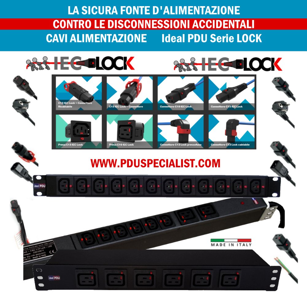 Cavi alimentazione IEC 320 Lock+ per una sicura fonte d'alimentazione. 
Con qualunque attacco IEC. Protegge contro le disconnessioni accidentali di computer, server e i maggiori dispositivi di rete.
Diversi colori e lunghezze.
pduspecialist.com/connettori-iec…