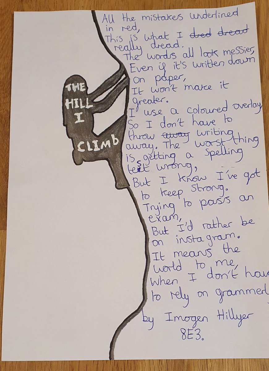 Inspired by <a href="/TheAmandaGorman/">Amanda Gorman</a>, my daughter wrote "The Hill I Climb", a poem about the struggles she faces.
#WorldPoetryWeek #Dyslexia #Dyscalculia #Dyspraxia #Dysgraphia #NeurodiversityCelebrationWeek