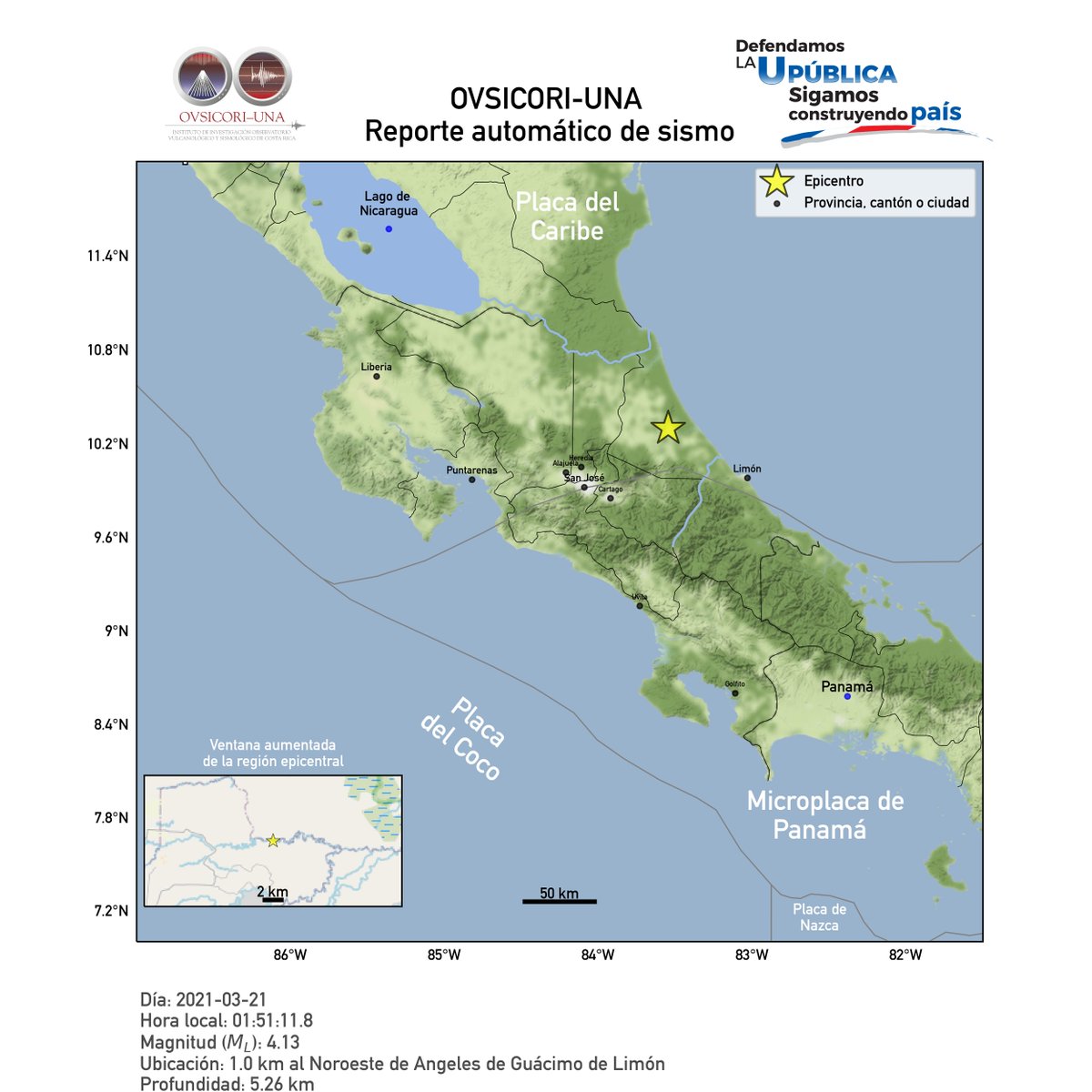 OVSICORI_UNA's tweet photo. 2021-03-21 01:51:11.8, Mag: 4.13, Prof: 5.26 km, Epicentro: 1.0 km al Noroeste de Angeles de Guácimo de Limón
#ovsicori #una #Sismocr #temblor https://t.co/CxLzZHn7IS
