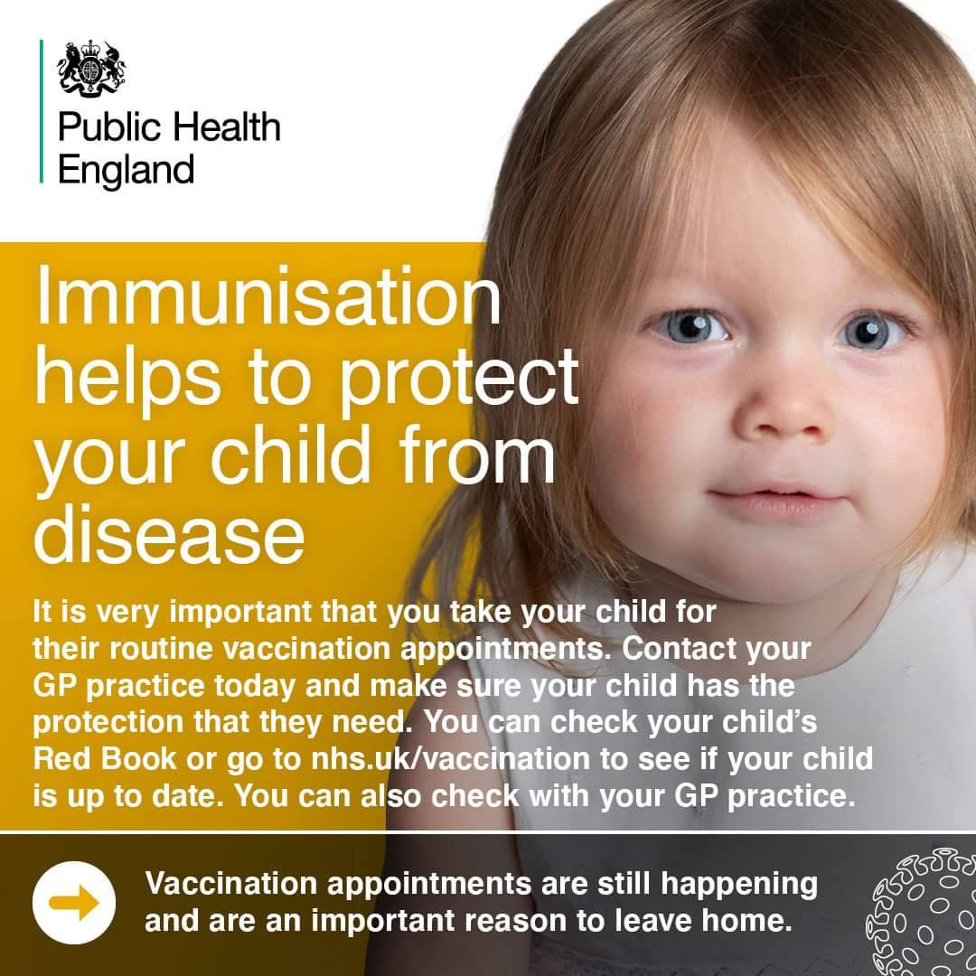 Parents and carers - please do continue to take your children for their routine vaccinations. Appointments are still going ahead during COVID-19 restrictions.