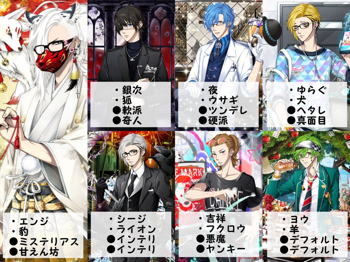 Rh ごくどうin任侠カフェ No Twitter 擬人カレシたちの名前 種族 性格1と性格2をば ヨウくんはまだお迎えしたてなので性格ステ上げ中 髪色 髪型 目色は割とコロコロ変わるね W 顔もたまに変えるかも T Co agquiehi