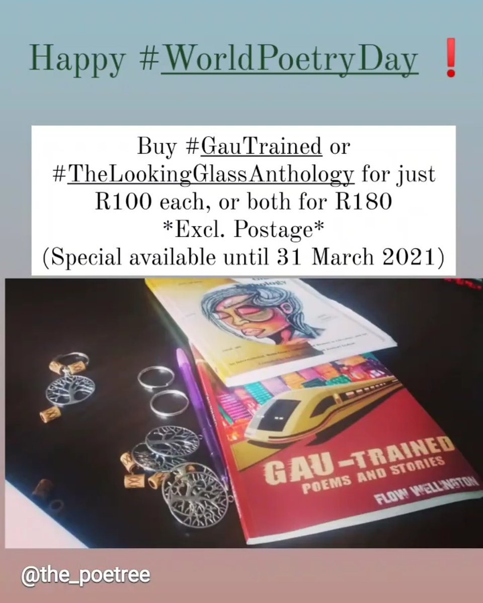 PoetreeBooks's tweet photo. It's #worldpoetryday! Buy #GauTrained or #TheLookingGlassAnthology for just R100 each, or both for R180
*Excl. Postage*
(Special available until 31 March 2021) https://t.co/pytW8v0vKY