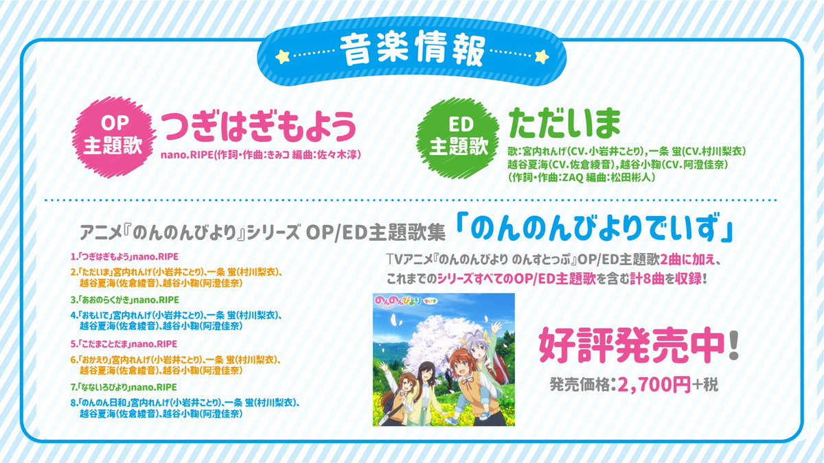 のんのんびより 公式prツイッター 音楽情報なのん Nano Ripeさんが歌うopと ウチたちが歌うedが収録された これまでの主題歌を集めたcd のんのんびよりでいず は好評発売中なのん デジタル先行配信中 T Co N9s2uhua5v のんのん