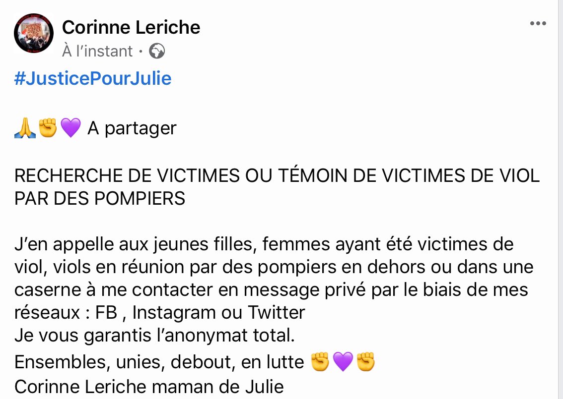 corinne_leriche's tweet photo. #JusticePourJulie
🙏 RTW

🚨RECHERCHE VICTIMES OU PROCHES DE VICTIMES DE VIOL PAR DES POMPIERS EN DEHORS OU DANS UNE CASERNE

🔴ME CONTACTER EN MP SUR L’UN DE MES RÉSEAUX SOCIAUX 

🚨ANONYMAT TOTAL GARANTI &amp; AIDE SI BESOIN ASSURÉE 

🔴 ENSEMBLES PLUS FORTES POUR OBTENIR JUSTICE https://t.co/BpmYNiFu5f