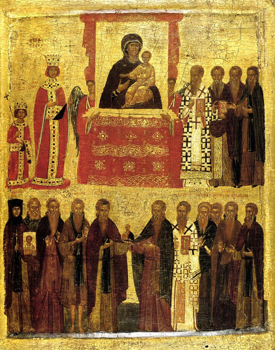 eevriviades's tweet image. Today #Orthodox pious celebrate the Feast of Orthodoxy, commemorating the final defeat of #iconoclasm &amp;amp; the restoration of the icons to the churches.

Icon: Late 14th-early 15th cen depicting  the event under the Byzantine Empress Theodora &amp;amp; her son Michael.

#OTD #FoRB